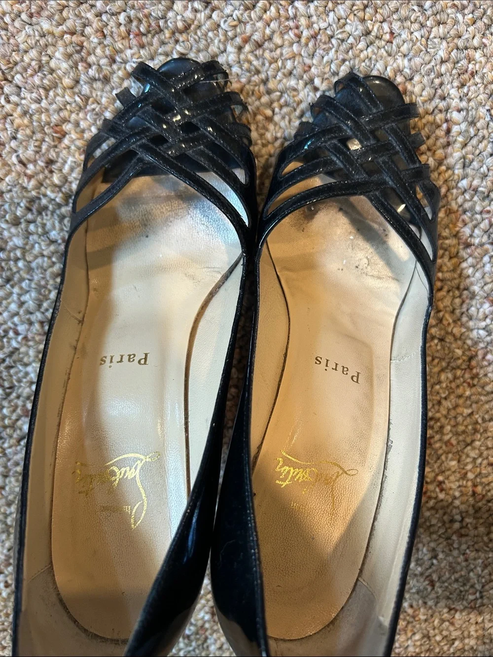 Christian Louboutin Black Patent Leather Weave Peep-Toe Flats